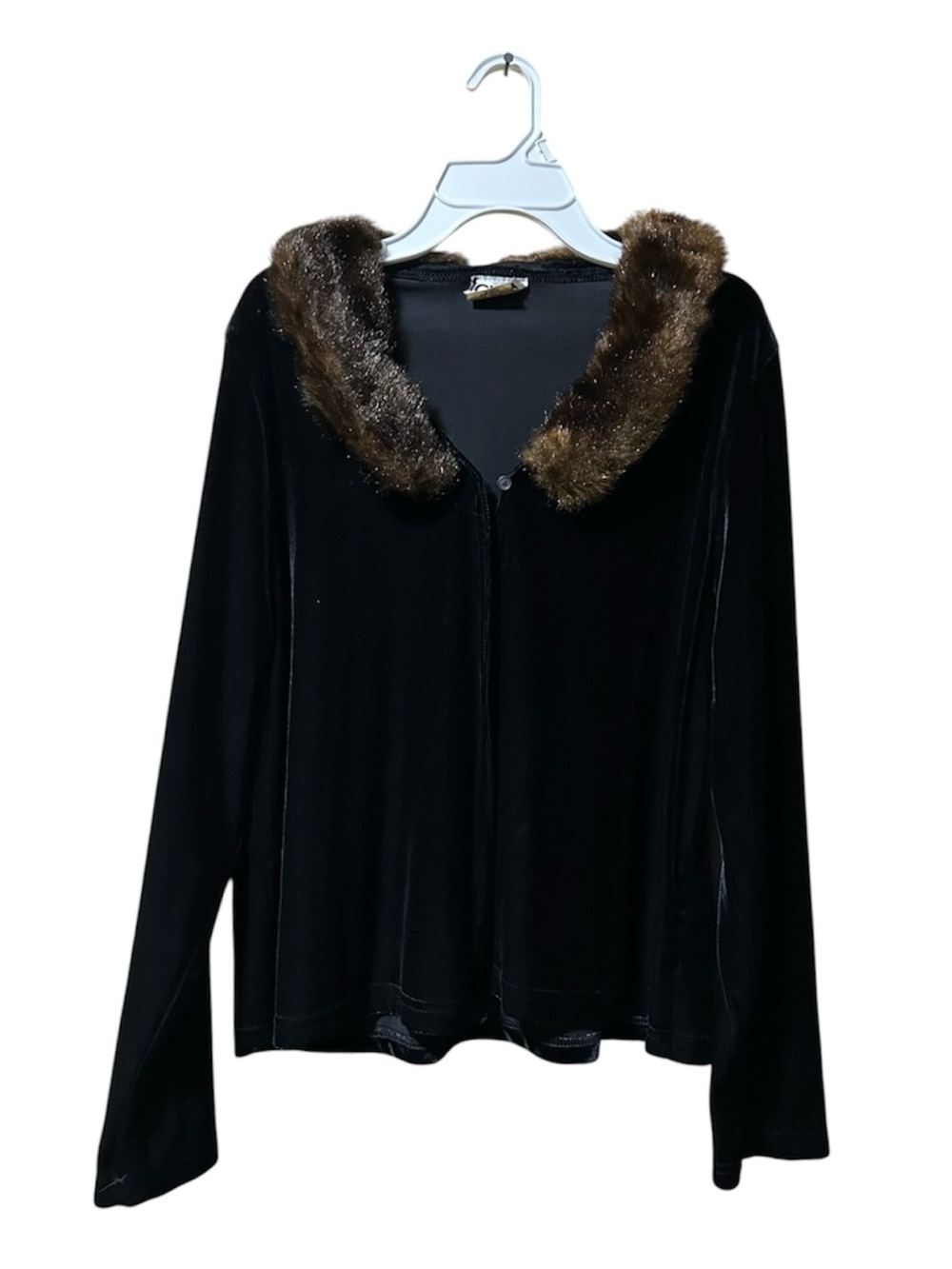 Vintage Clio Black Velvet Cardigan Sweater With  Faux Fur Collar Size L 90’s Y2K